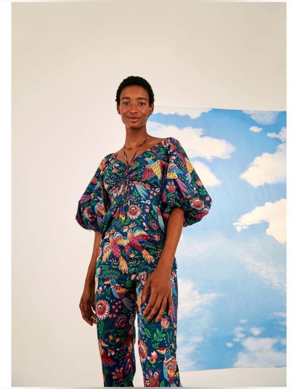Floral Print Navy Puff-Sleeve Jumpsuit